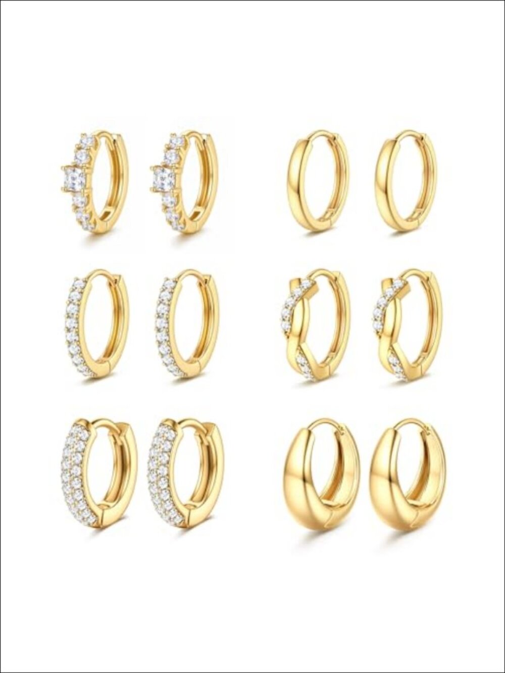 14K Gold Plated Huggie Hoop Earrings Hypoallergenic 6 Pairs Stackable
